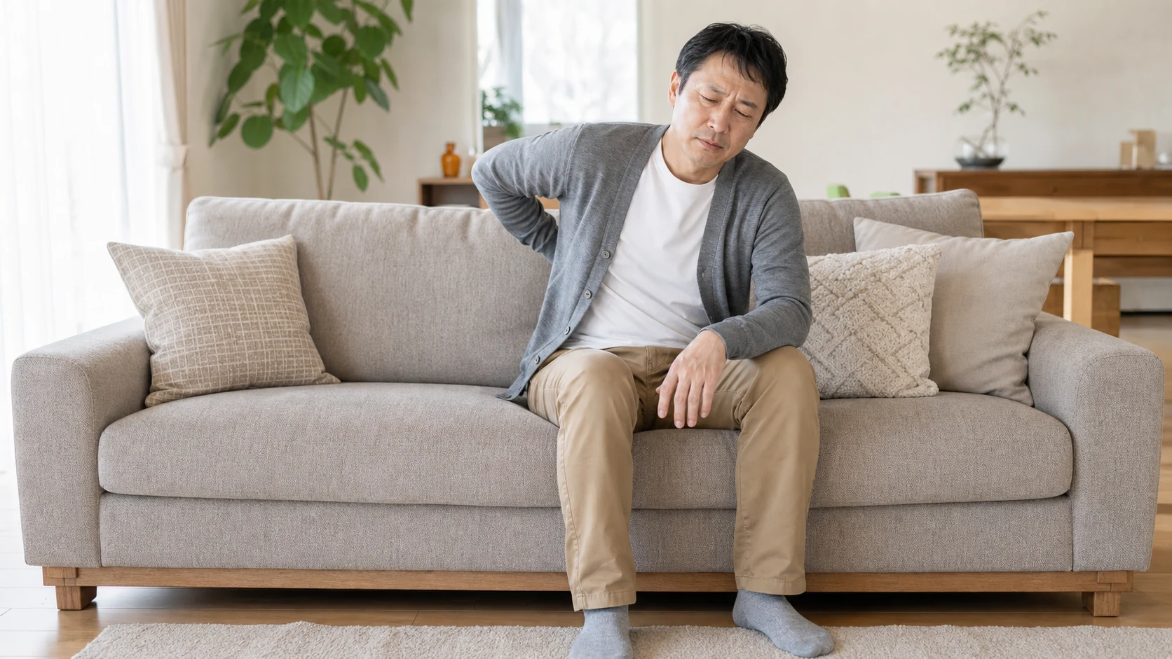 柔らかいソファに座り腰の痛みを感じる男性