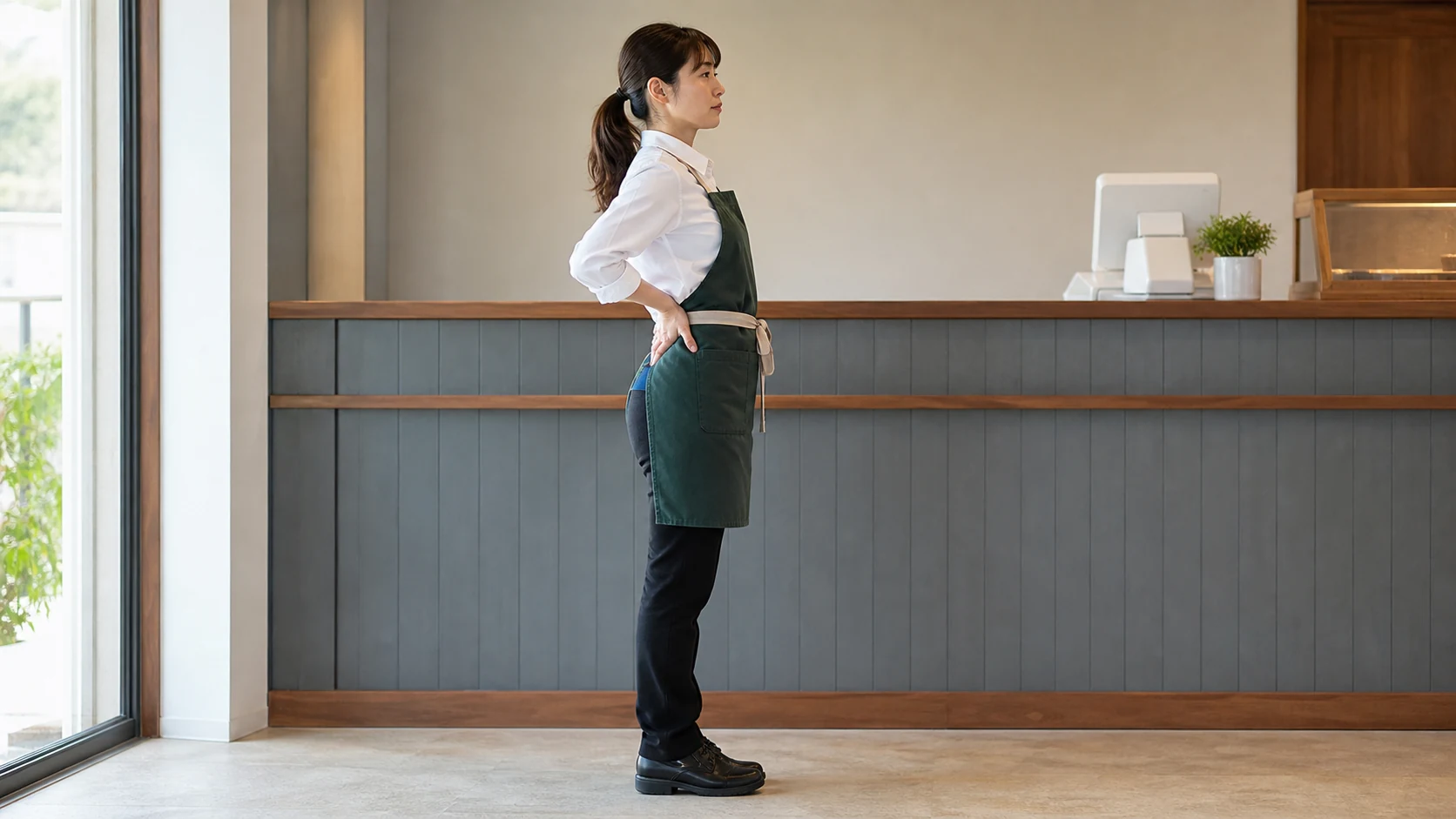 長時間の立ち仕事で骨盤が前傾し腰が反った姿勢