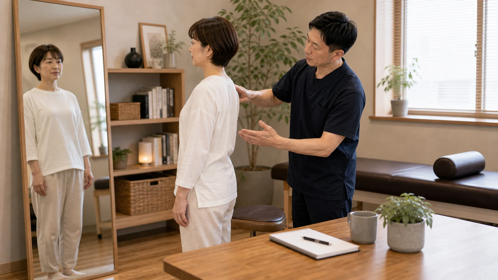 悪い姿勢のタイプを鏡で確認する写真