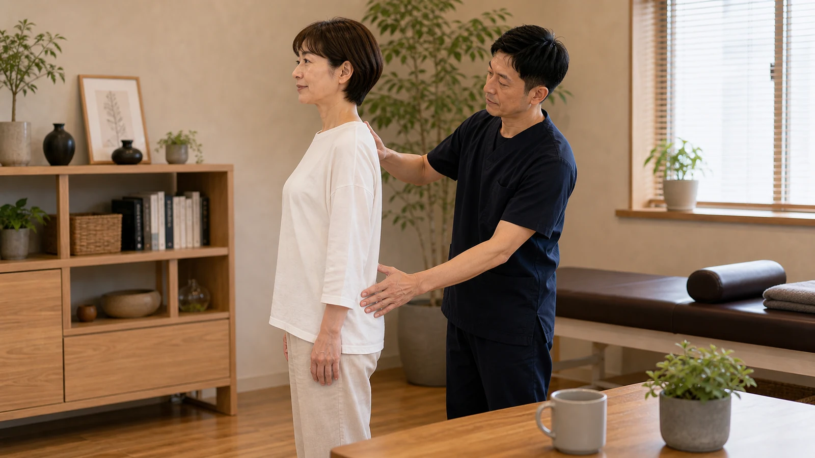 足裏と骨盤を安定させた立ち方を確認する写真