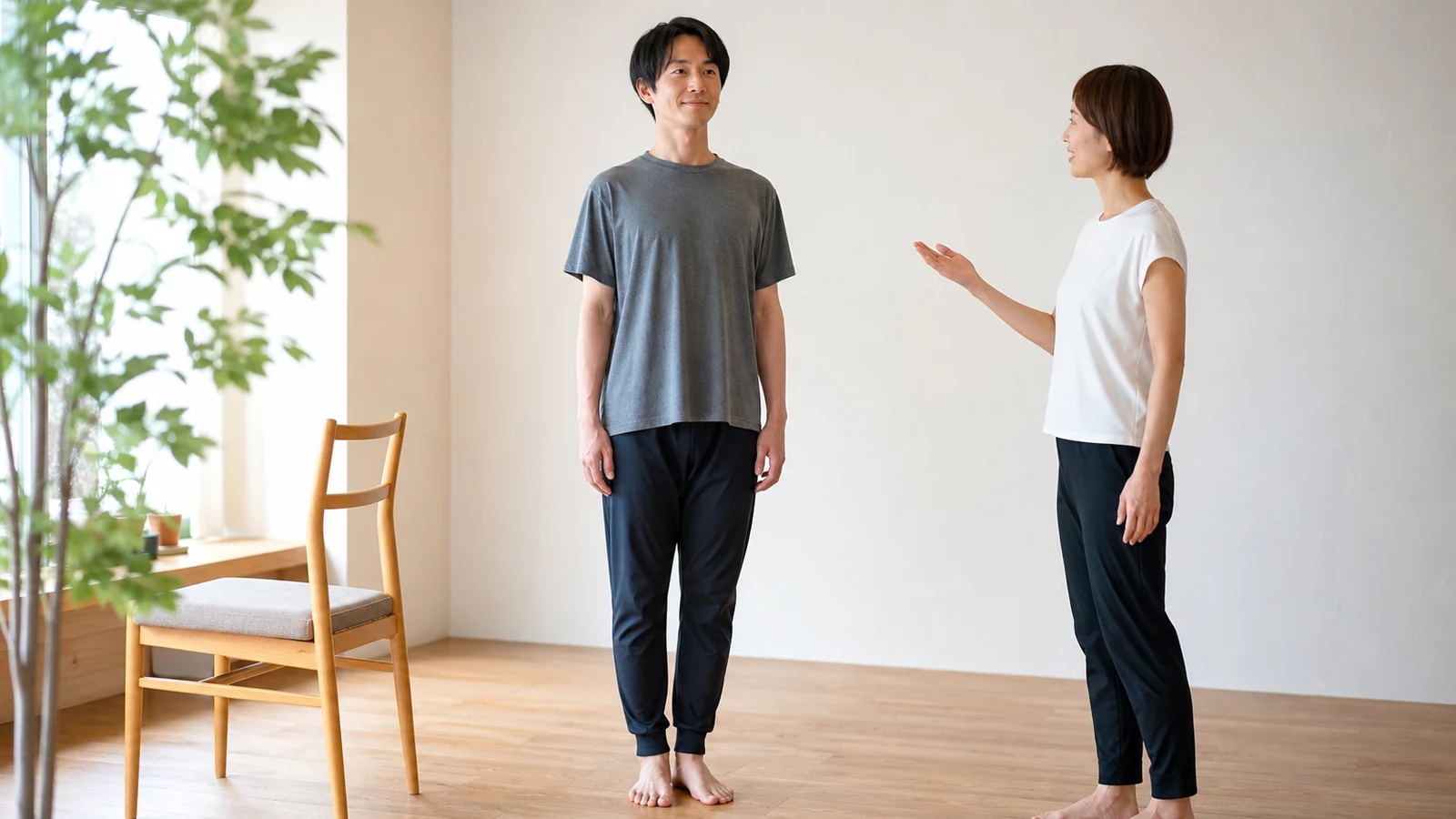 自然な立ち姿勢を専門家と確認する男性