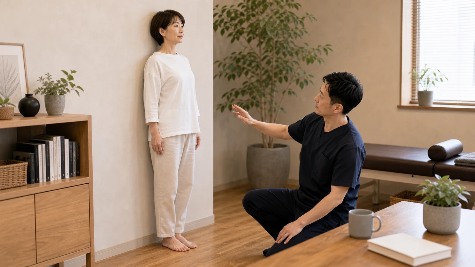 壁5点チェックで姿勢を確認する写真