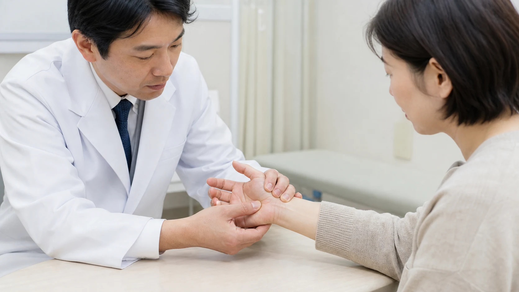 手首の腫れやしびれを医師が確認する様子