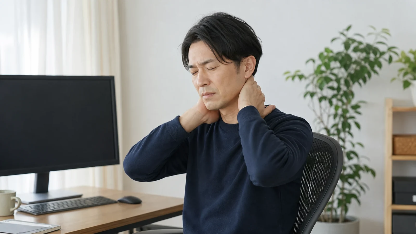 デスクワーク中に首の緊張を感じる男性