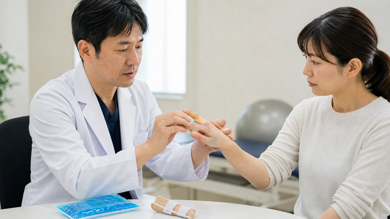 突き指の損傷程度を専門家が確認する様子