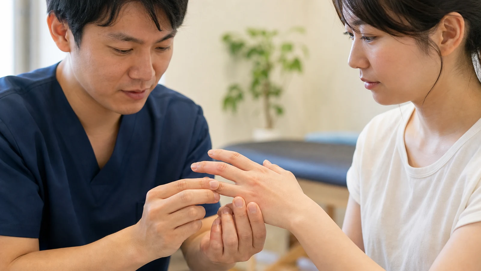 突き指で腫れた指関節を専門家が確認する様子