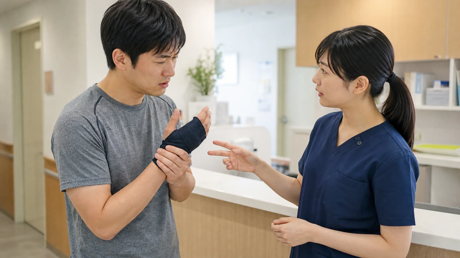 突き指後に医療従事者へ受診を相談する様子