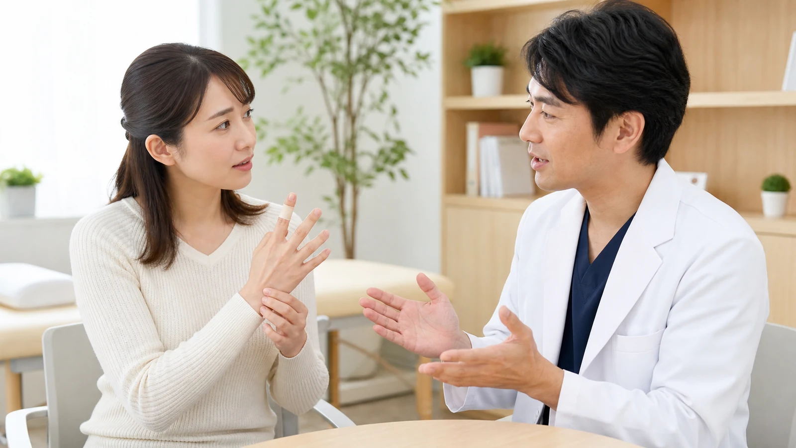 突き指の固定について医師へ質問する様子