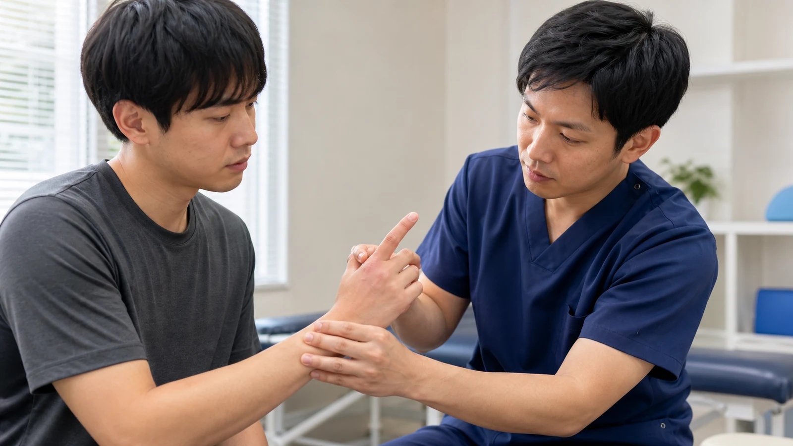専門家が突き指した指の状態を確認する様子