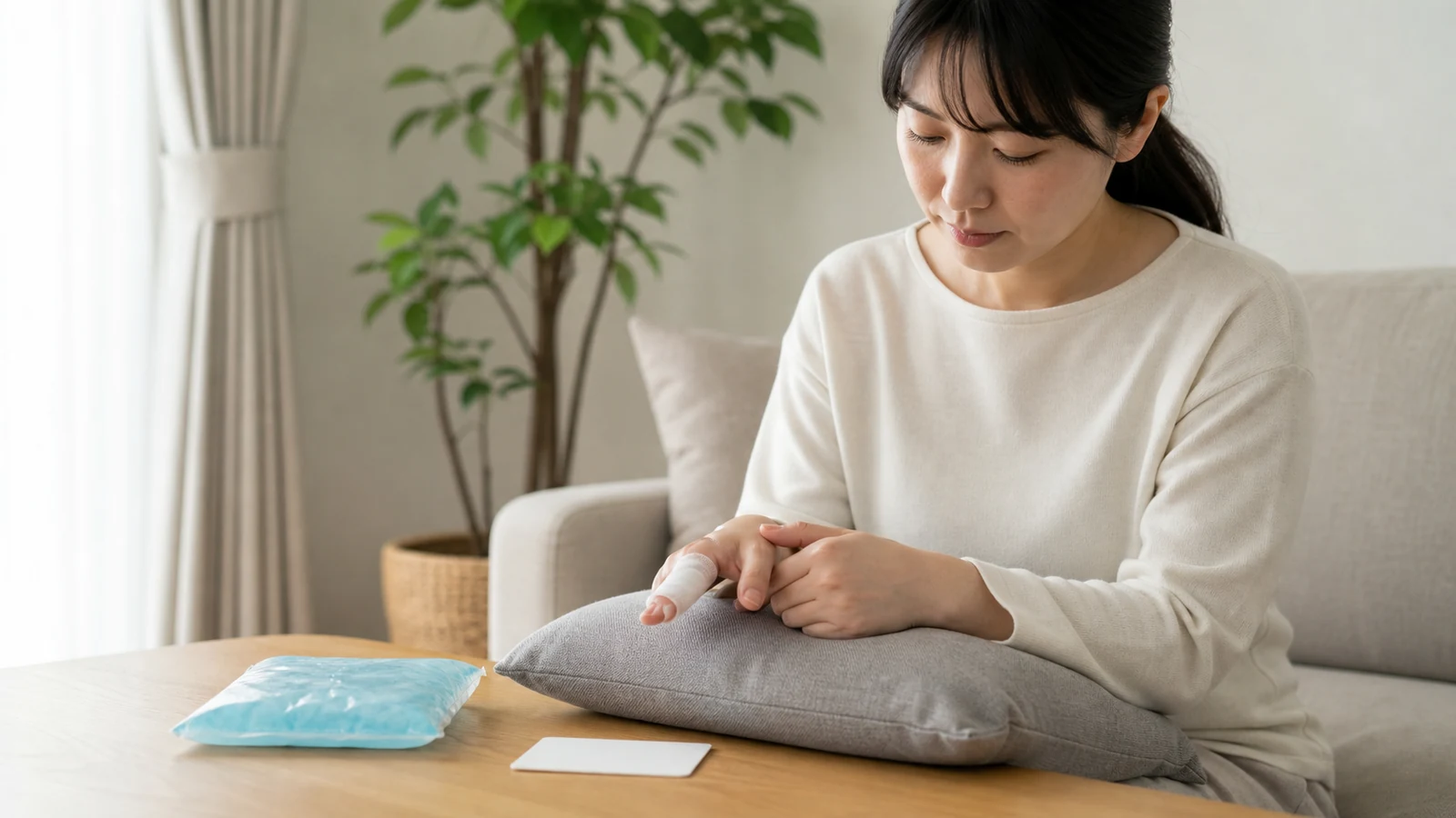 突き指した指を休ませて回復を待つ成人