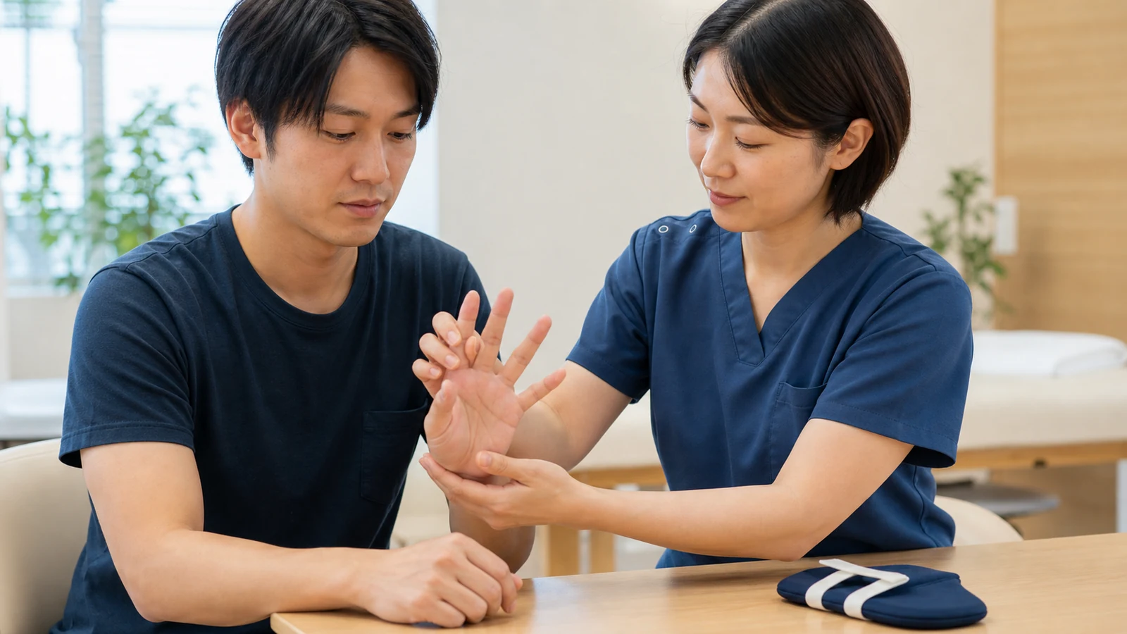 突き指後に指の可動域を慎重に確認する様子