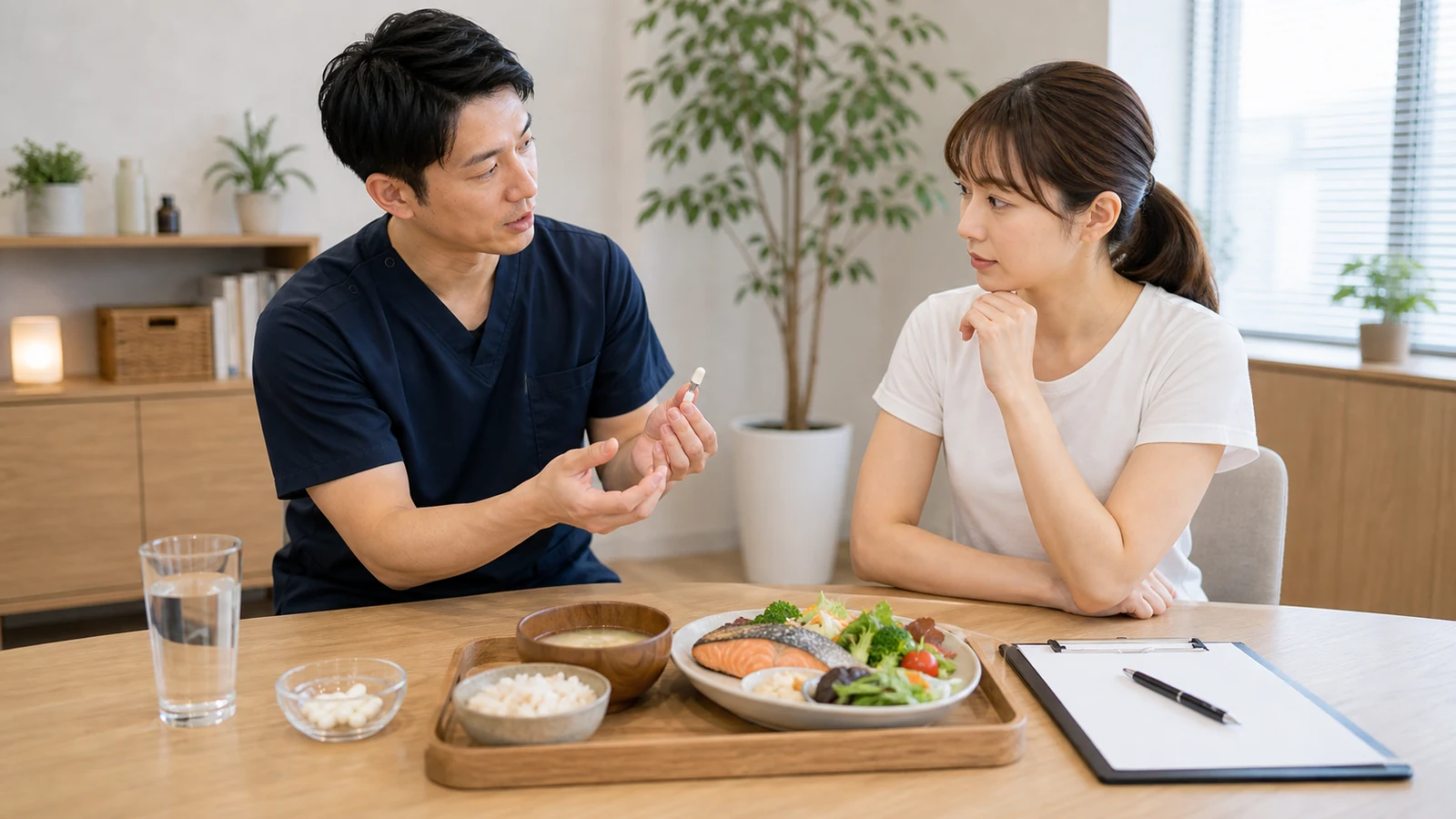食前と食後の摂取タイミングを確認する写真