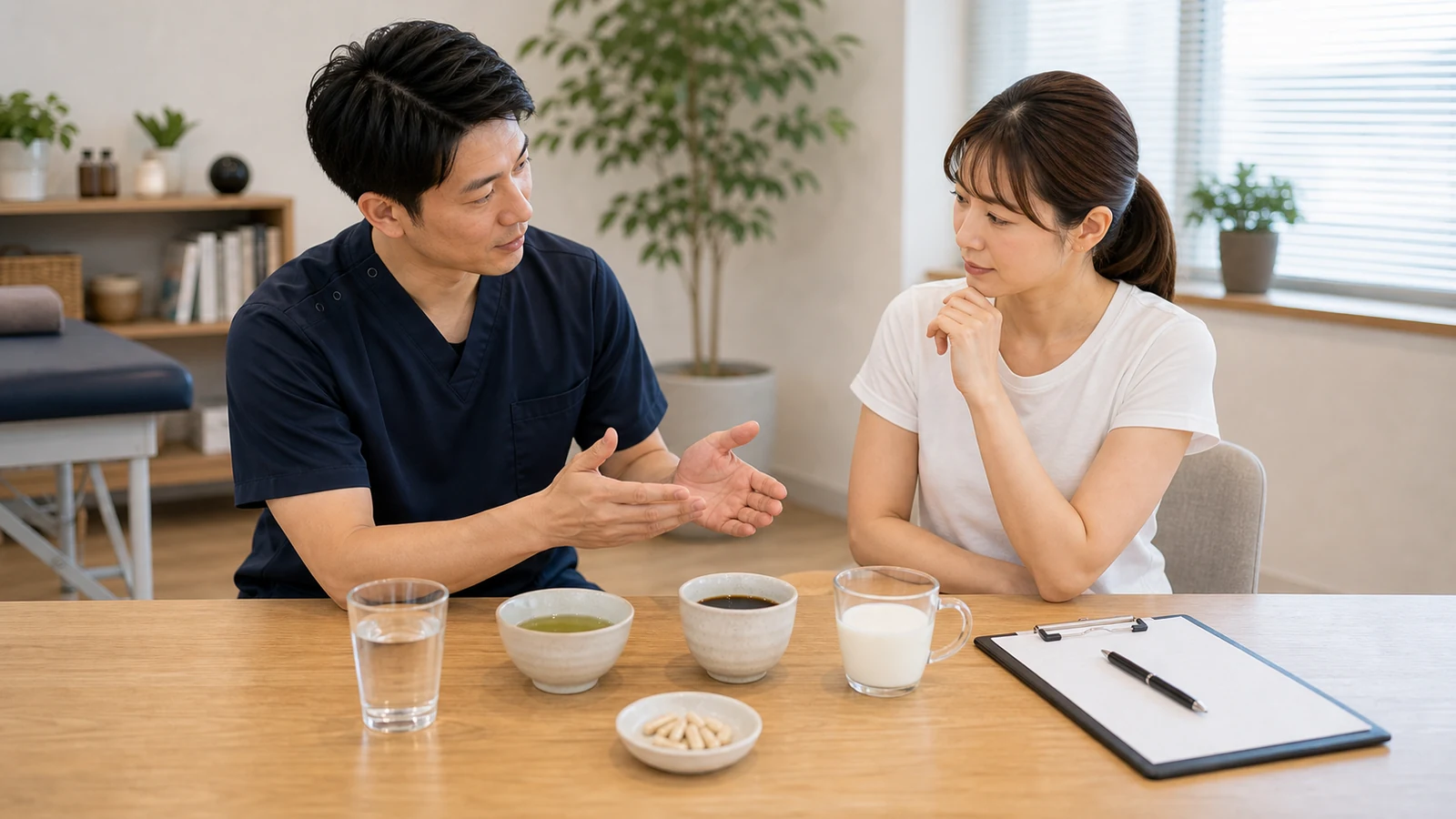 サプリと飲み物の組み合わせを確認する写真