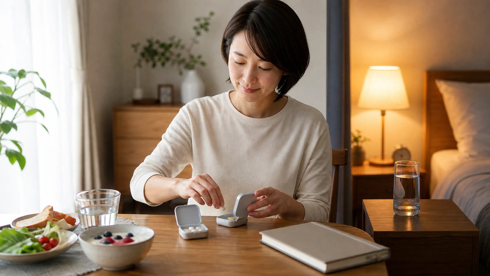 朝と夜のサプリ習慣を整理する女性