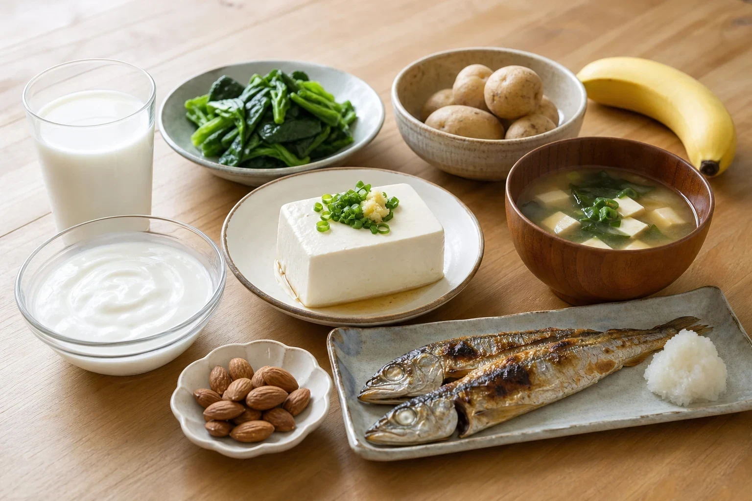 魚や卵、乳製品、野菜などビタミンB群を含む食品