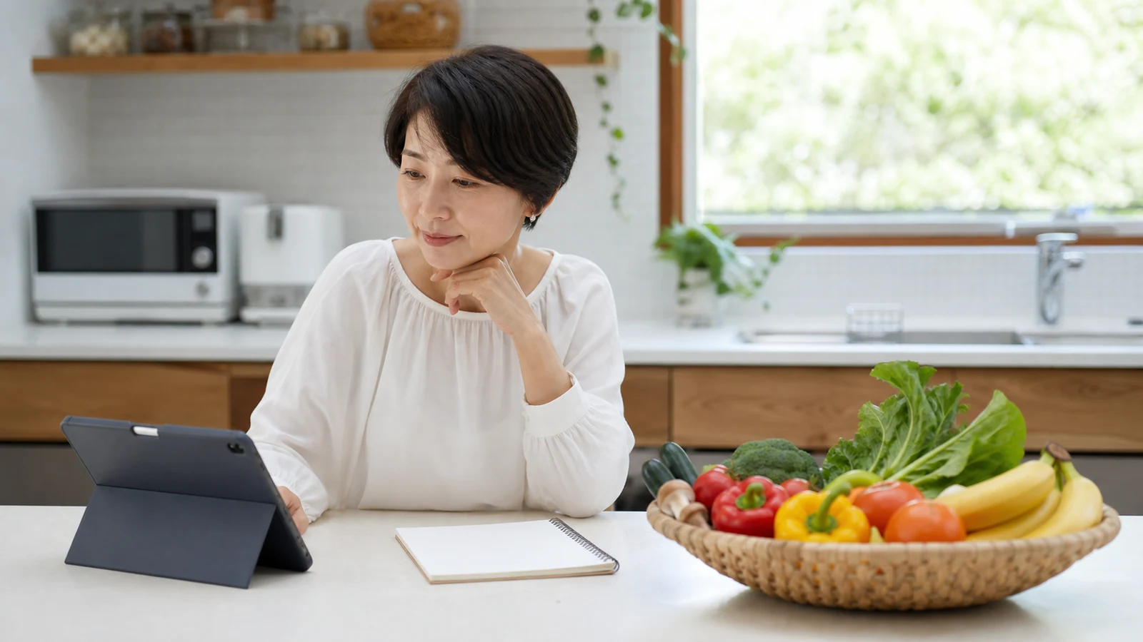 自宅で栄養情報を確認する女性
