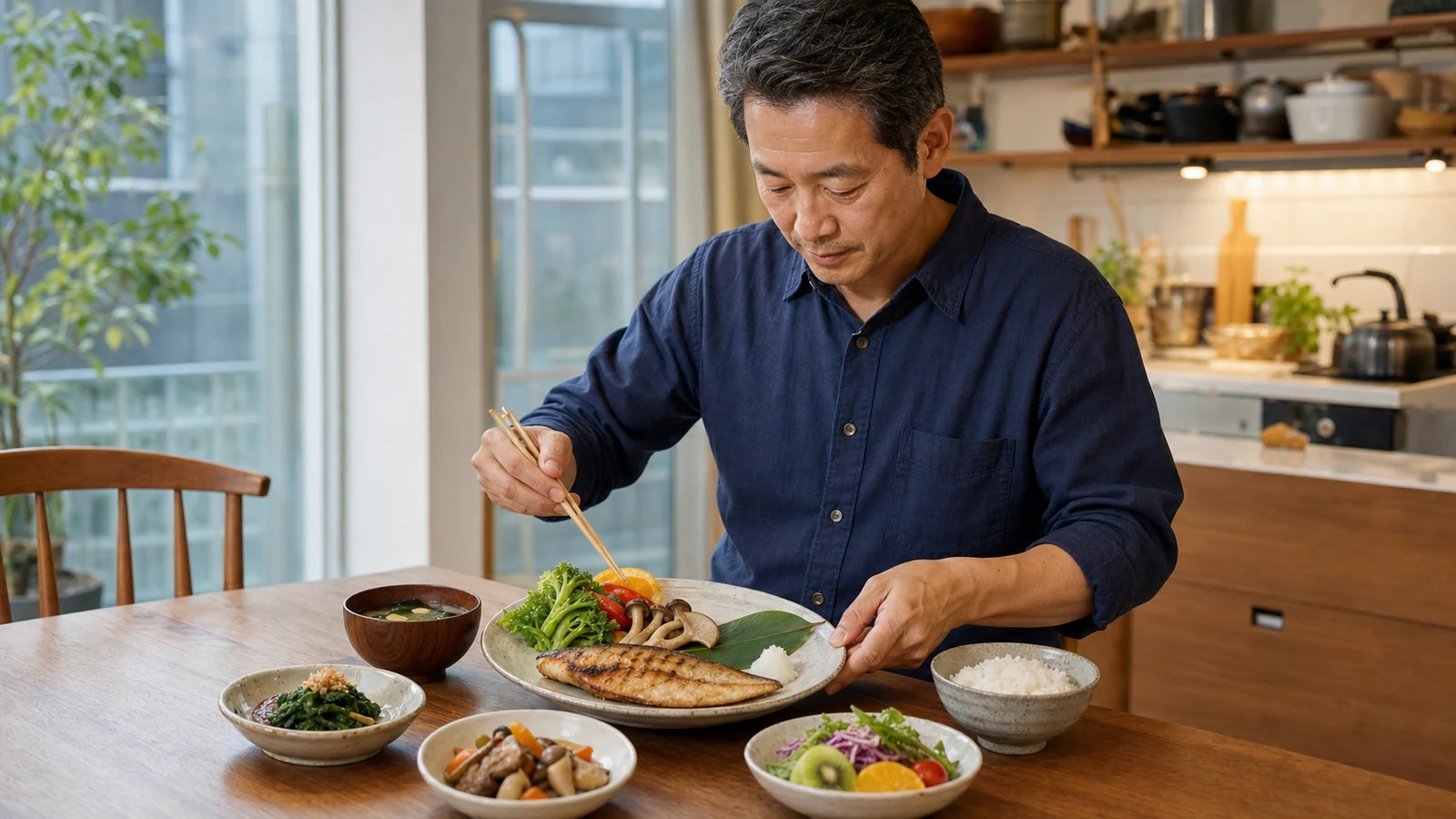 魚と野菜を使った食事を準備する男性