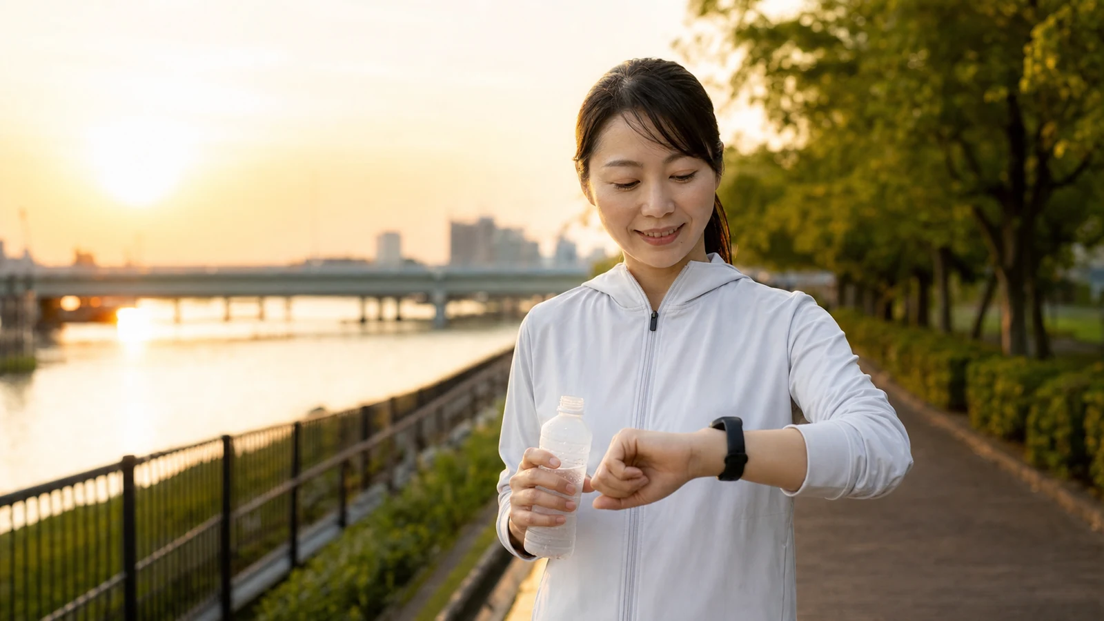 夕方のウォーキング後に記録を確認する女性