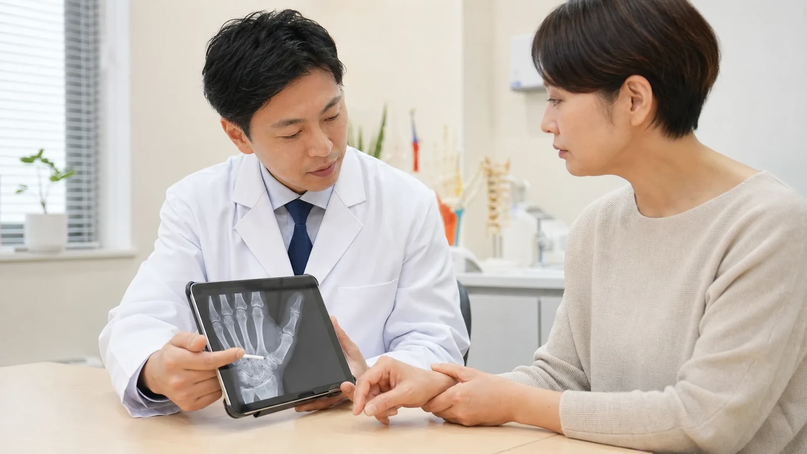 医師から手の画像を用いた説明を受ける女性