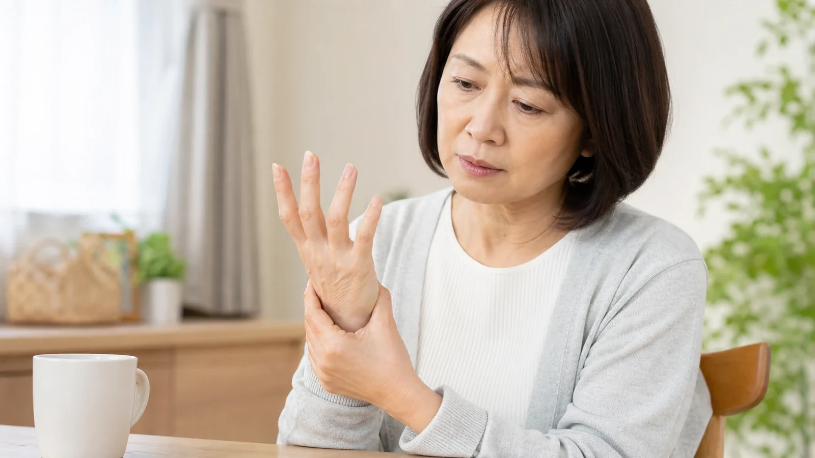 手指と親指の動きを確認する女性