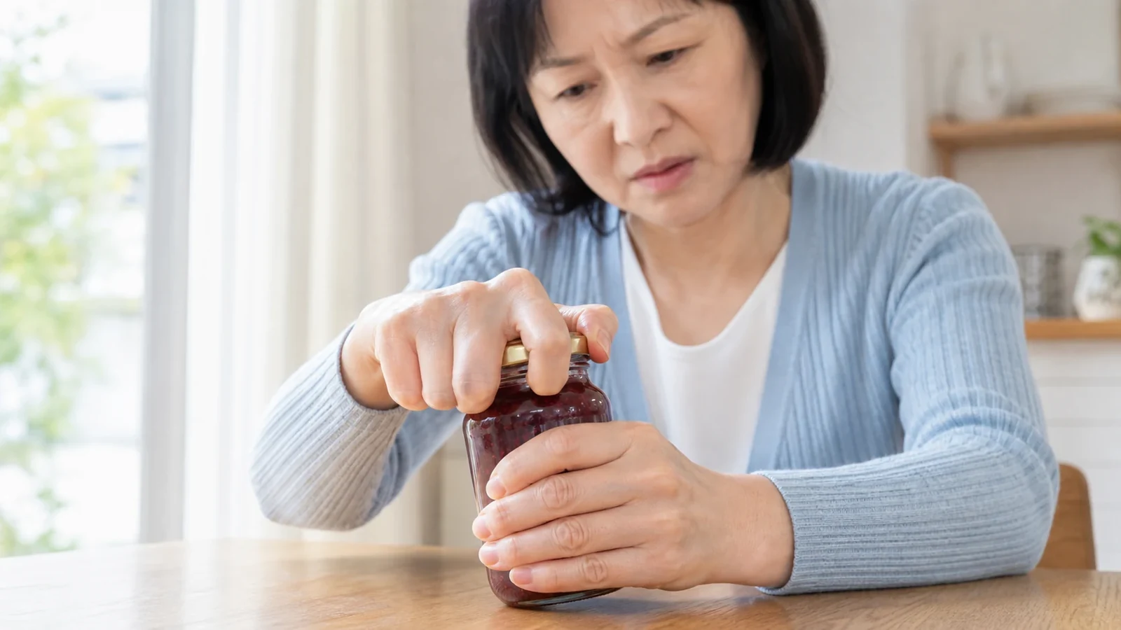 瓶のふたを開ける時に指の状態を気にする女性