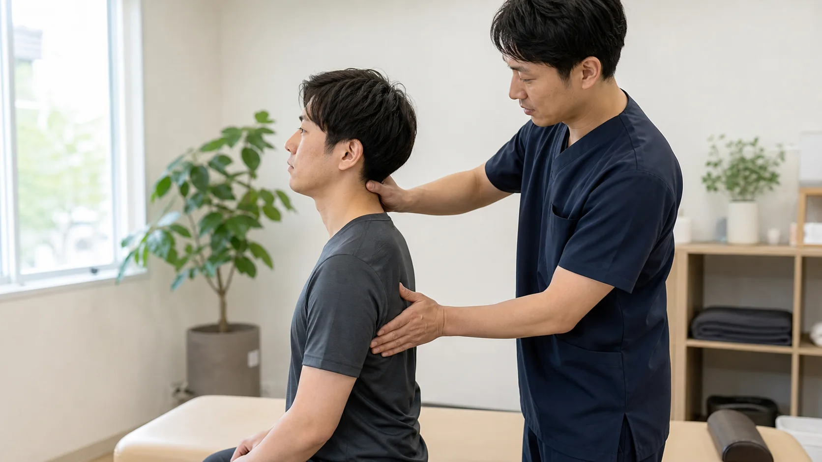 首と背中の姿勢を施術者が確認する男性