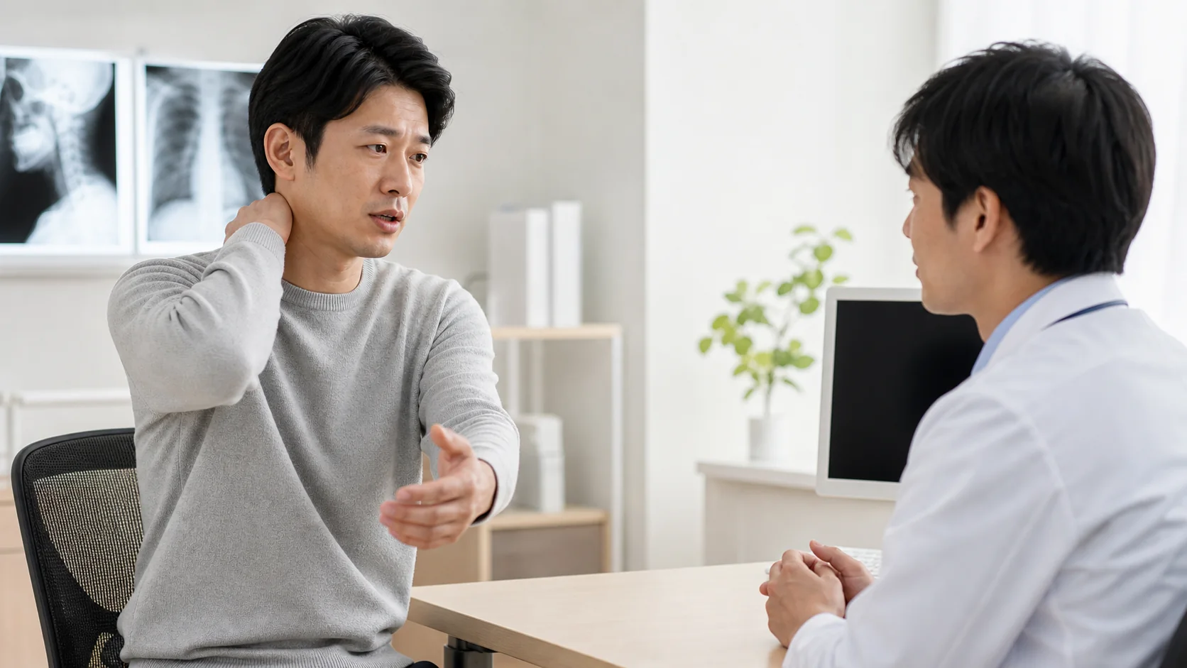 首の痛みと腕のしびれを医師に相談する男性