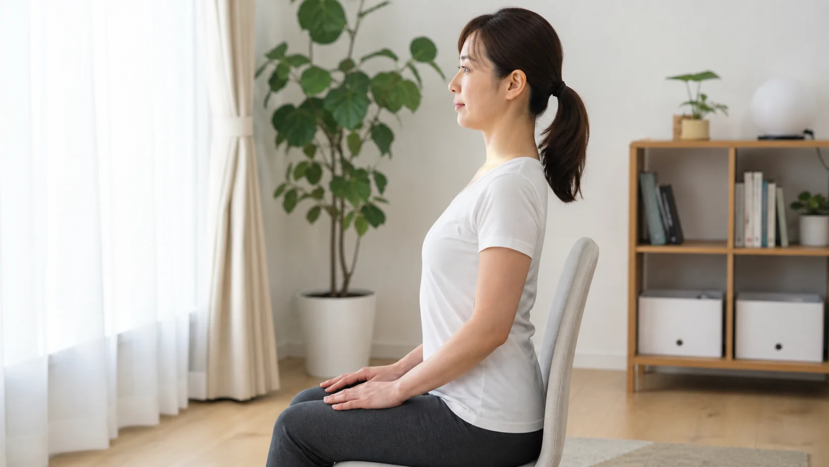 首を反らさず姿勢を整える女性