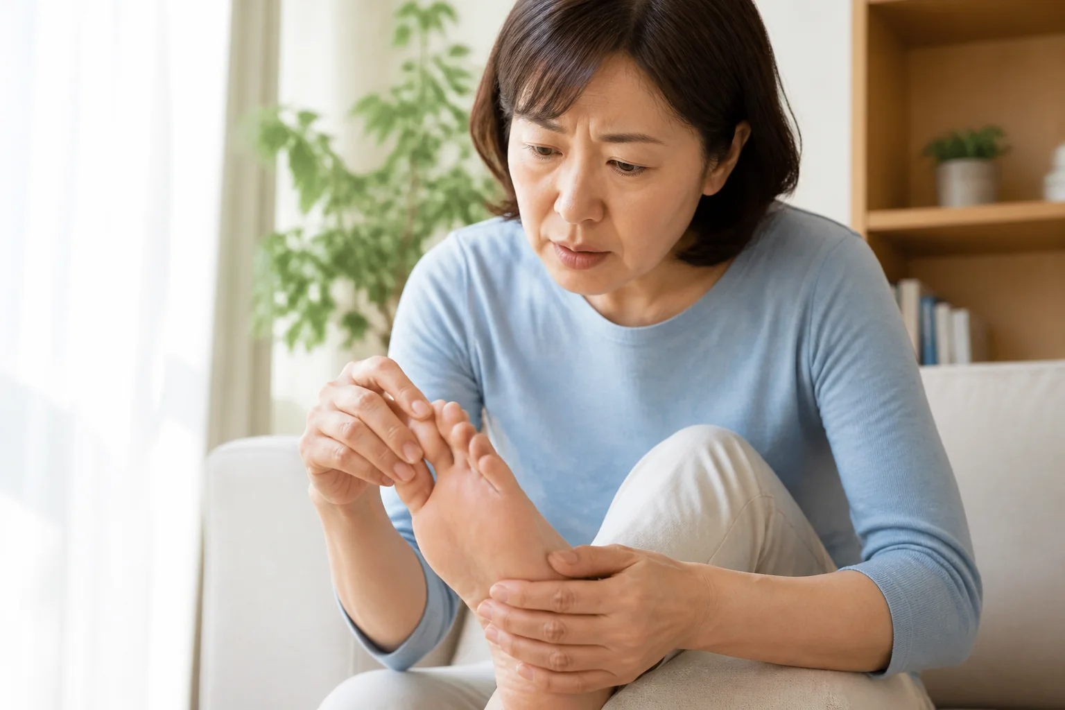 足指の動かしにくさを自分で確認する女性