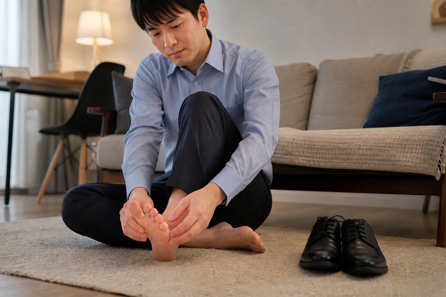 仕事靴を脱いで足指の硬さを確認する男性