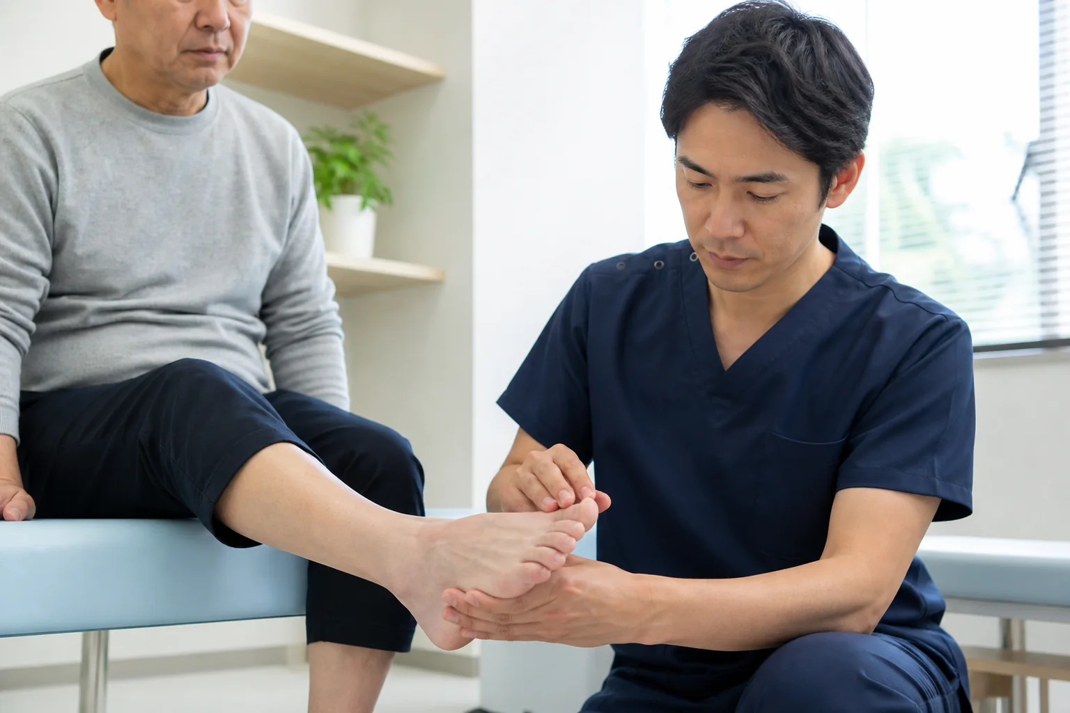 足指の動きと感覚を確認する医療従事者
