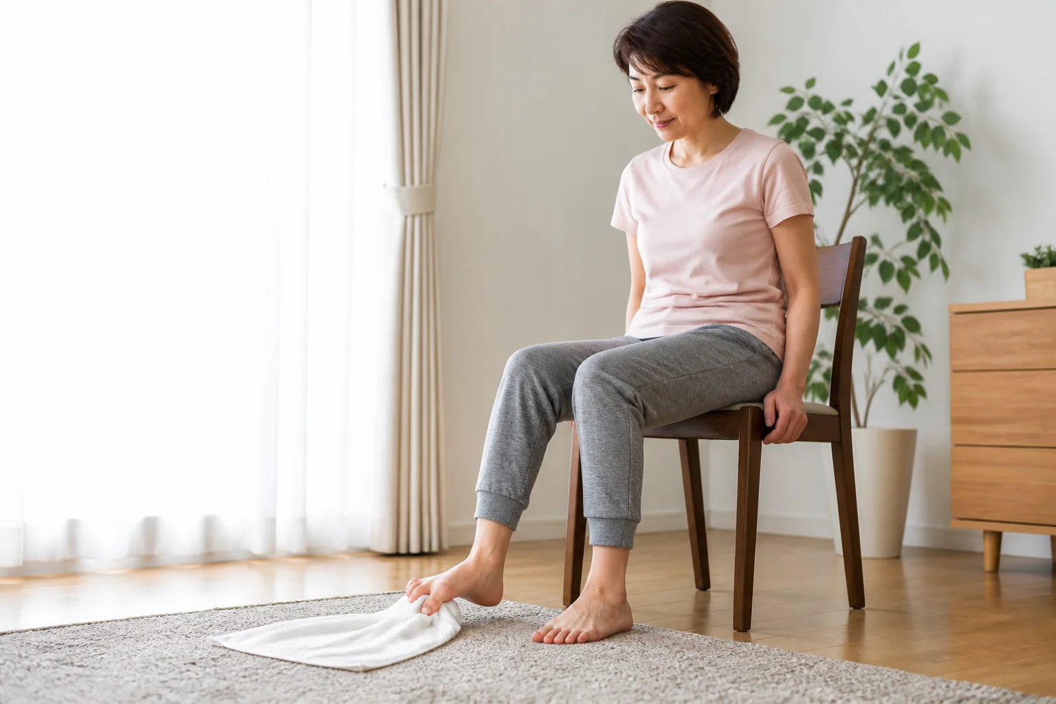 タオルギャザーで足指を動かす女性