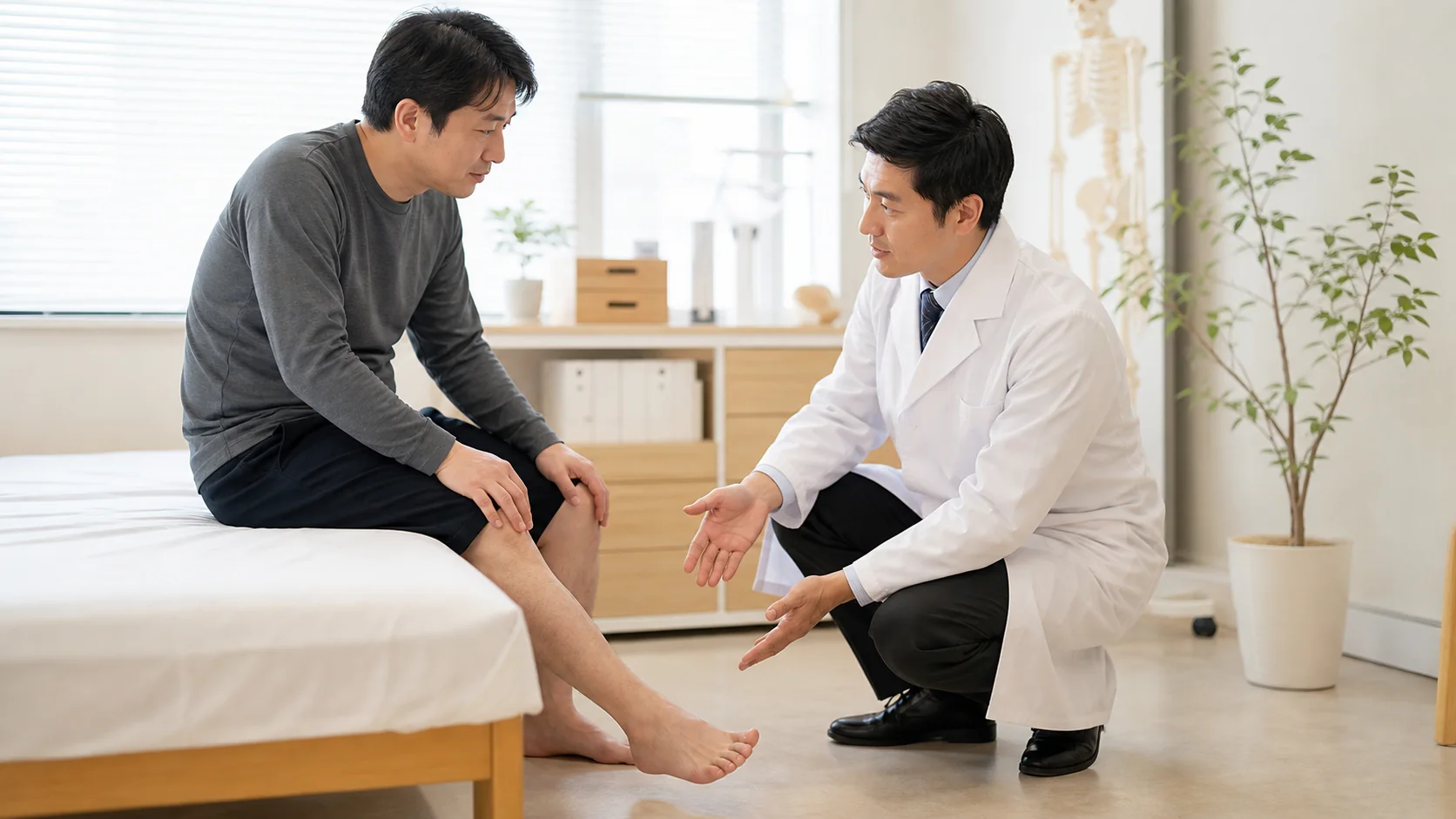 足首の症状を医師に相談する男性