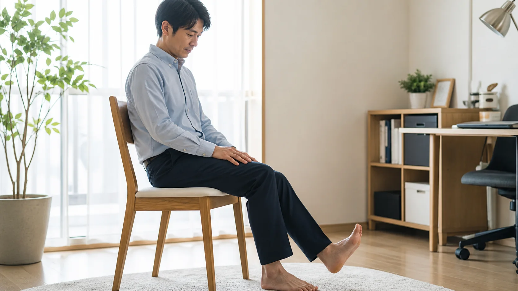 座った状態で足首の動きを確認する男性