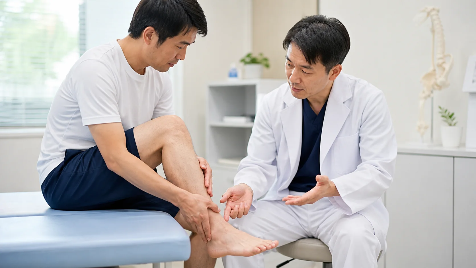 足首の痛みを医師に相談する男性