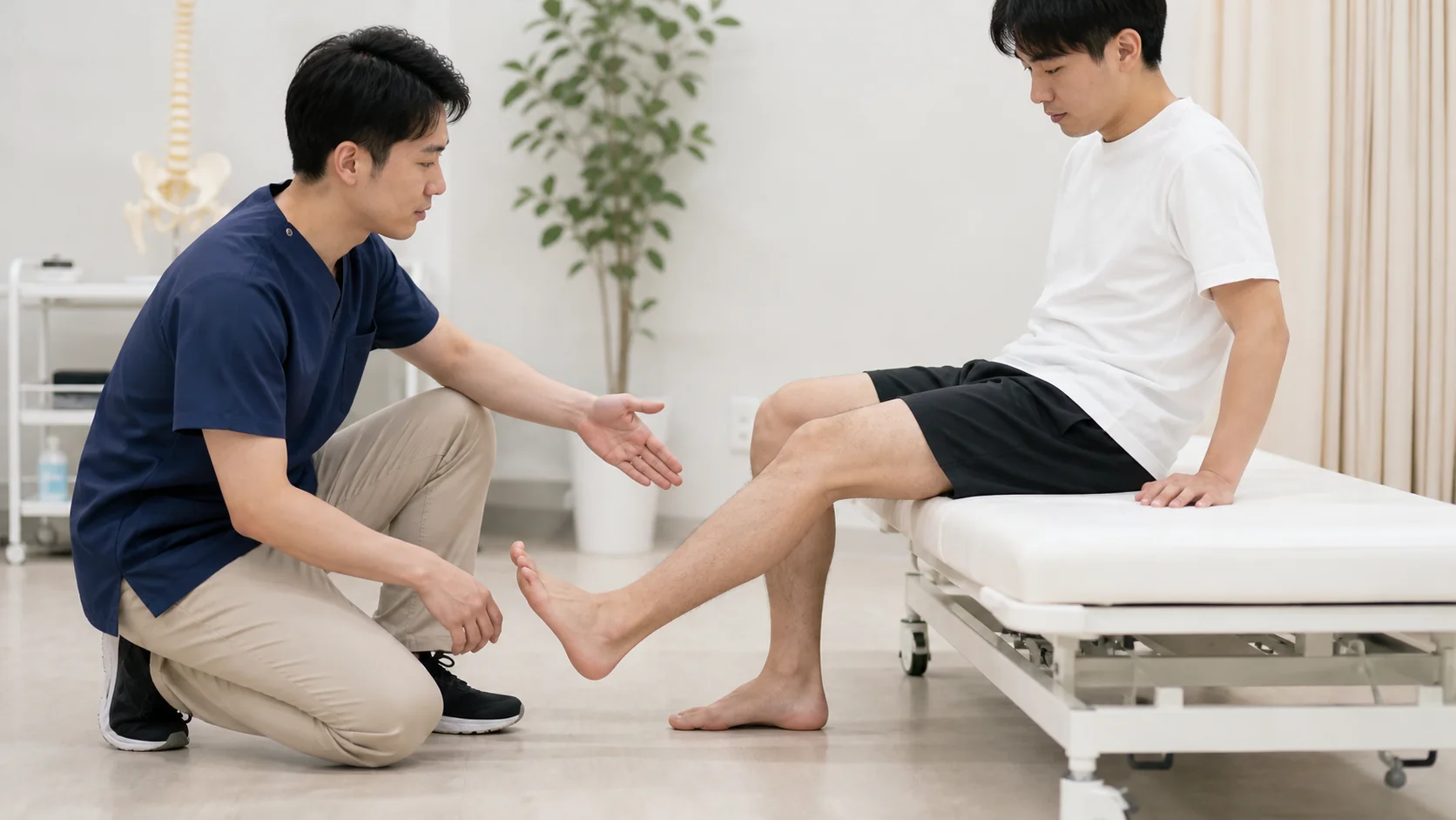 足首を曲げる方向による痛みを確認する様子