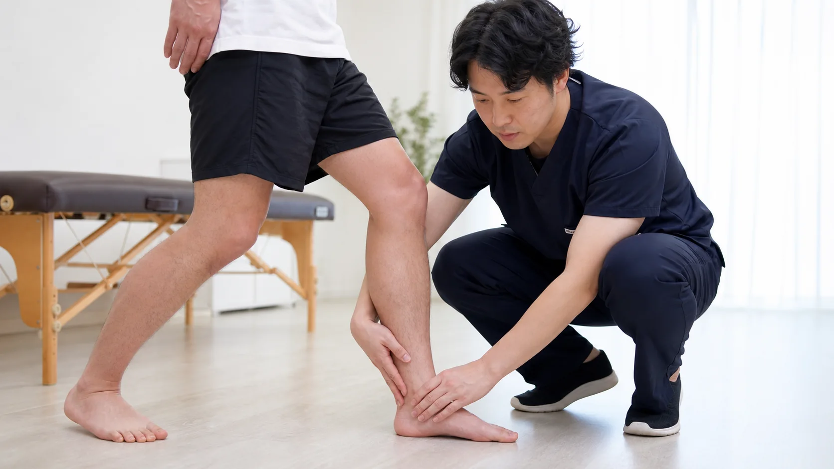足首前側の詰まりを確認する施術者