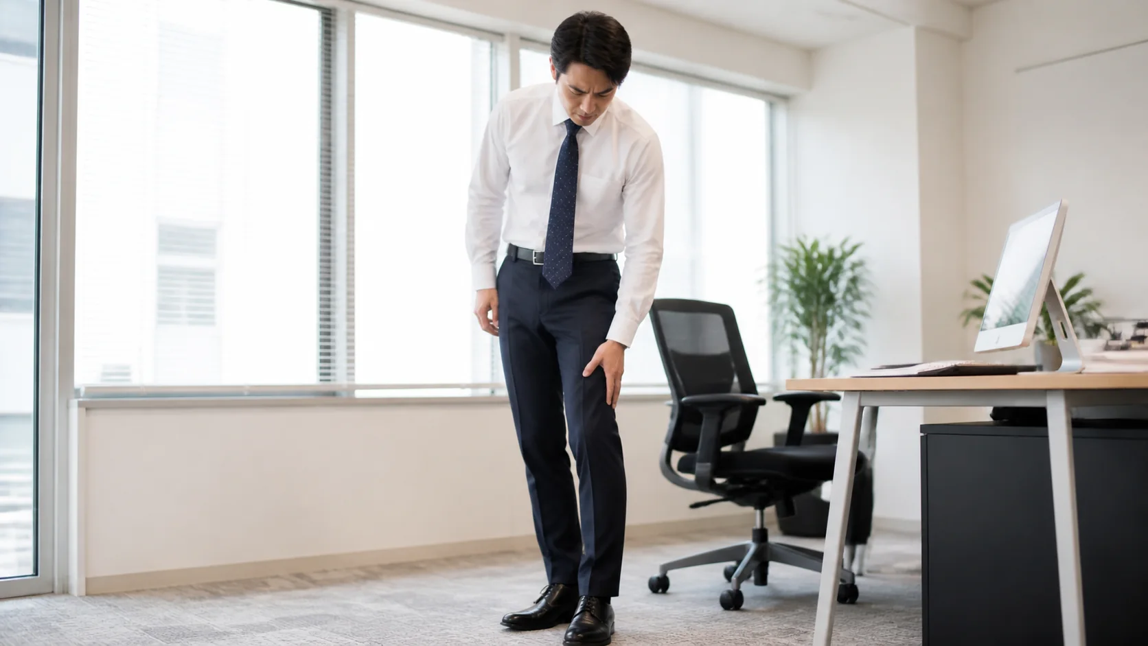 立ち仕事で前ももの張りを感じる男性