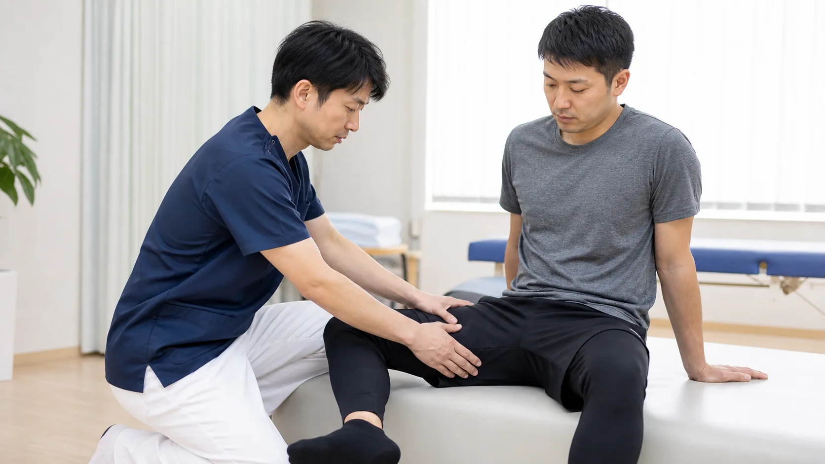 内ももと股関節の状態を確認する施術者