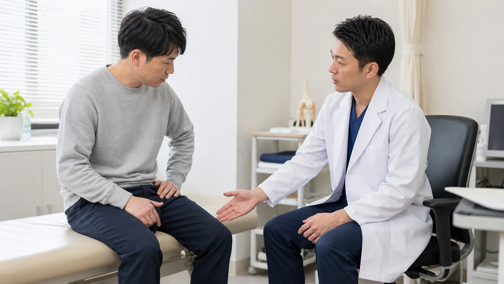内ももの痛みを医師に相談する男性