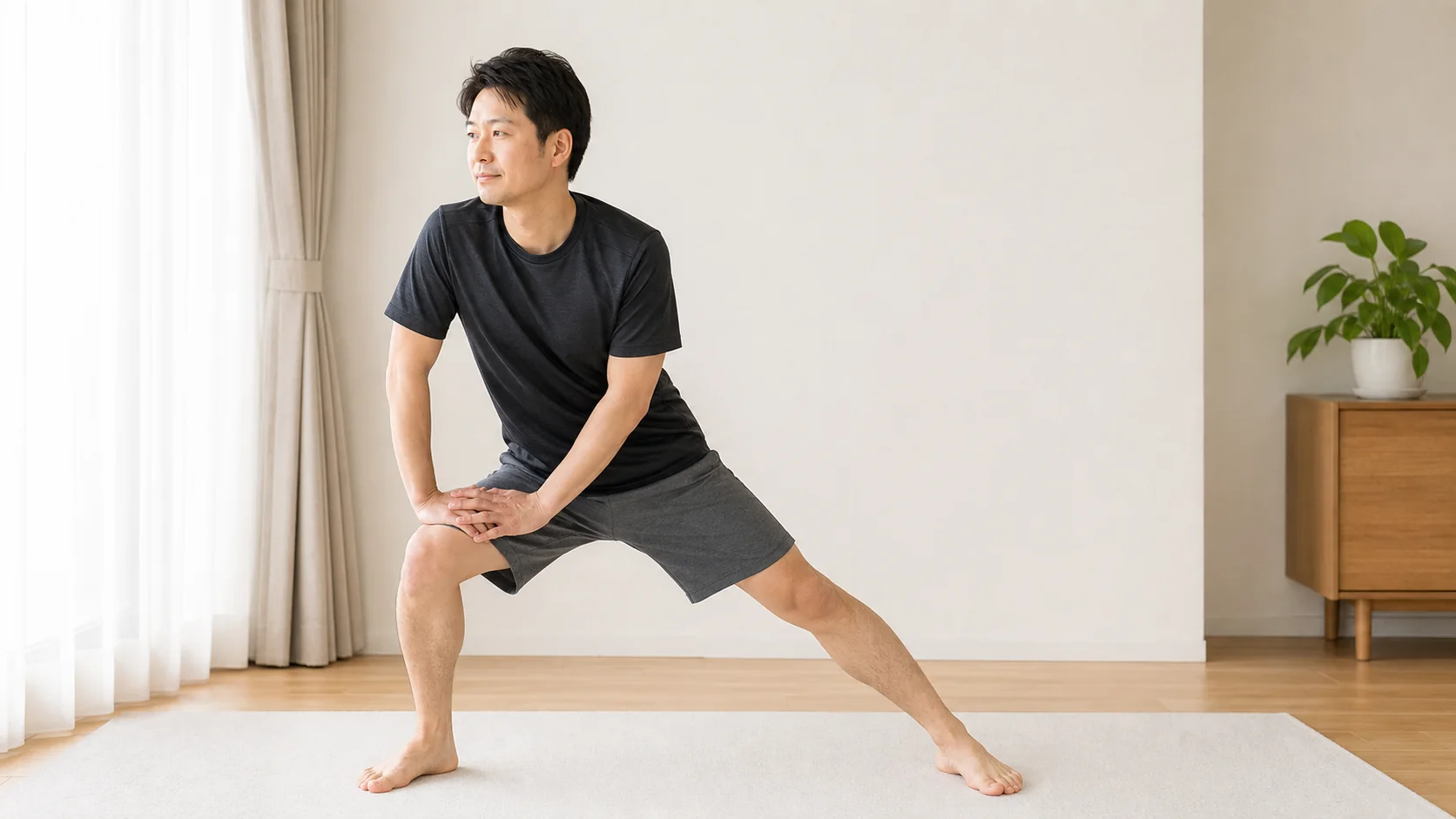 立った姿勢で行う内もものストレッチ