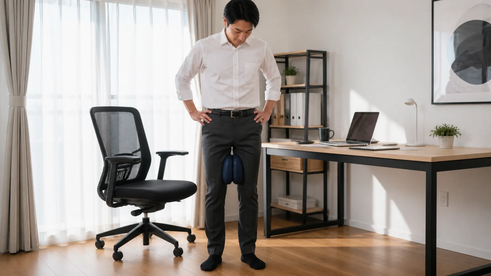 クッションを使って内ももを働かせる男性