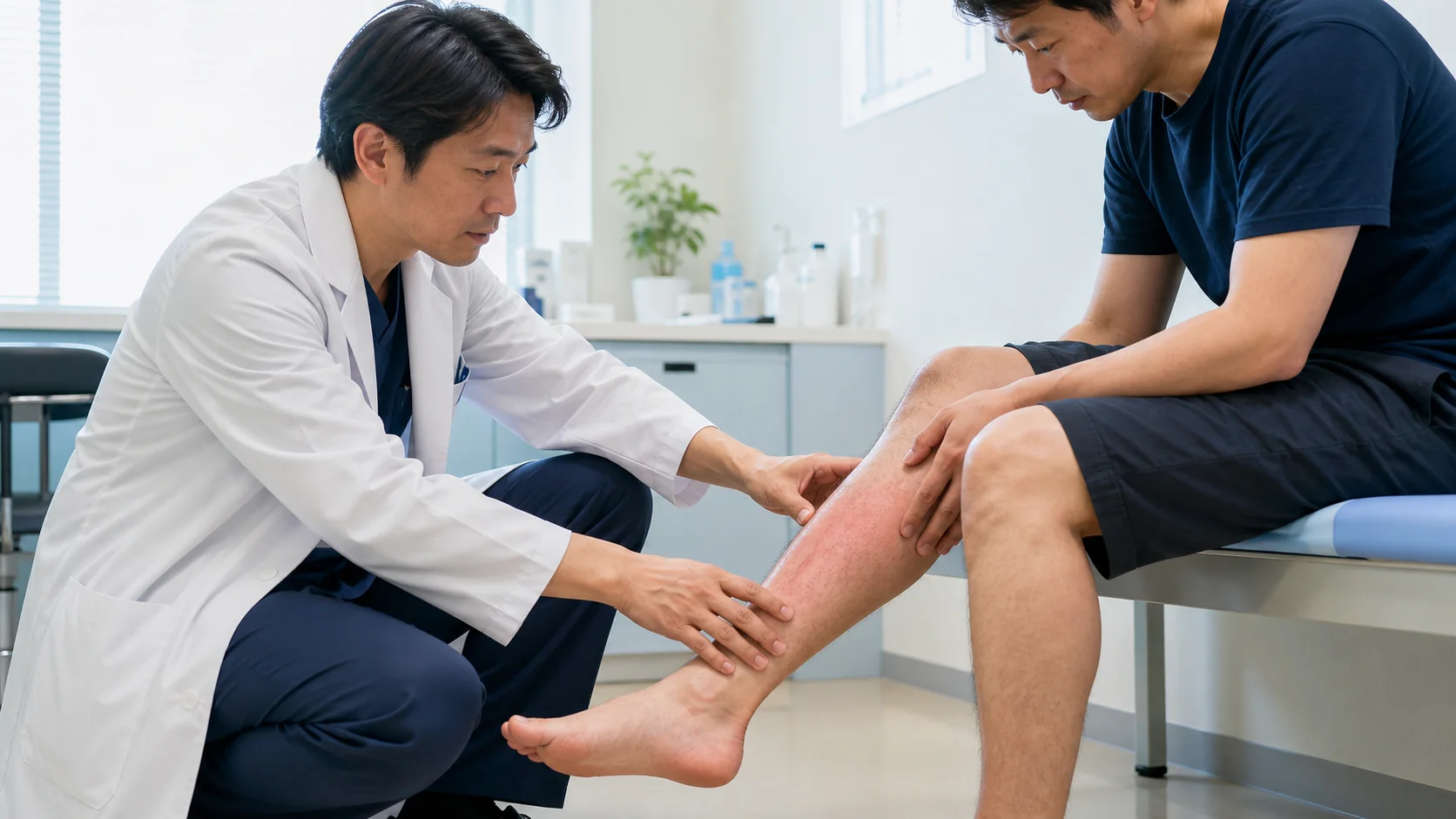 片脚の腫れや赤みを医師が確認する様子