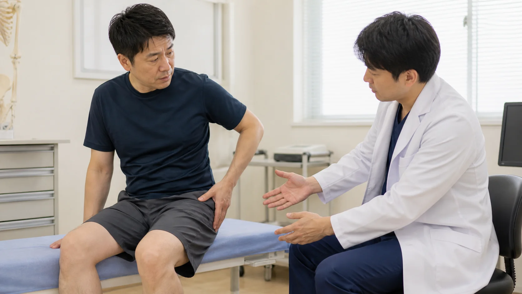 太もも外側の痛みを医師に相談する男性