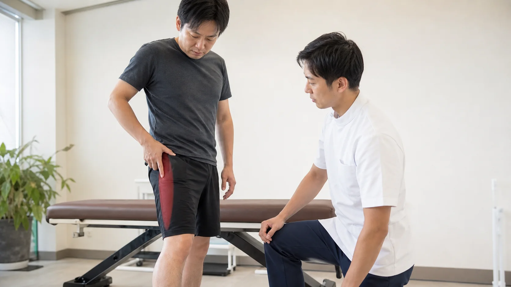 太もも外側の痛む範囲を確認する様子
