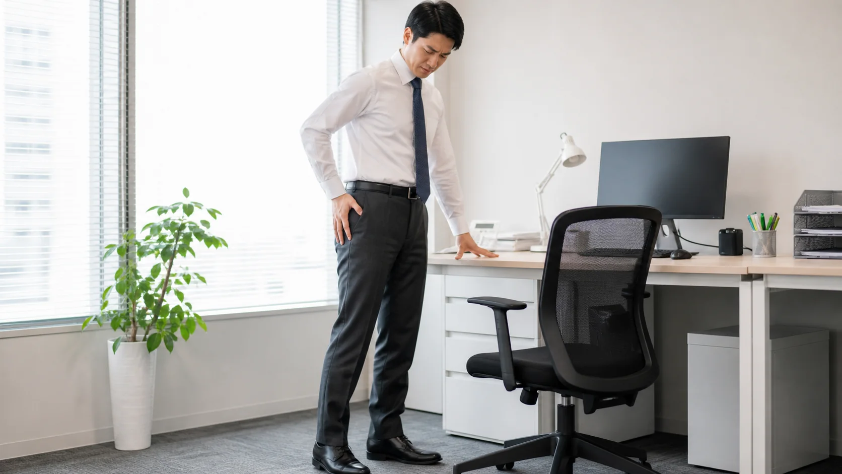 立ち仕事で太もも外側の張りを感じる男性