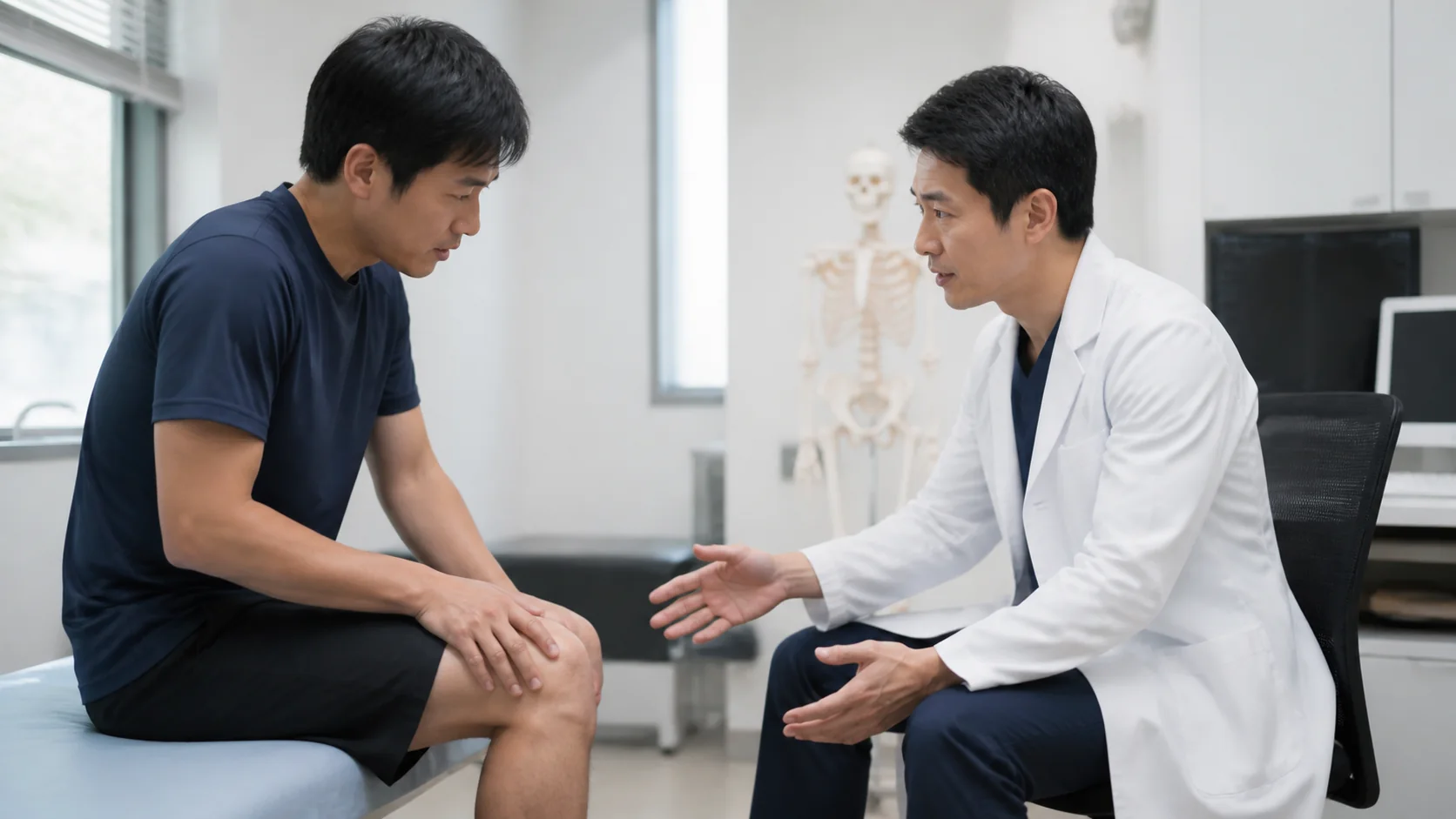 膝のお皿まわりの痛みを医師に相談する男性