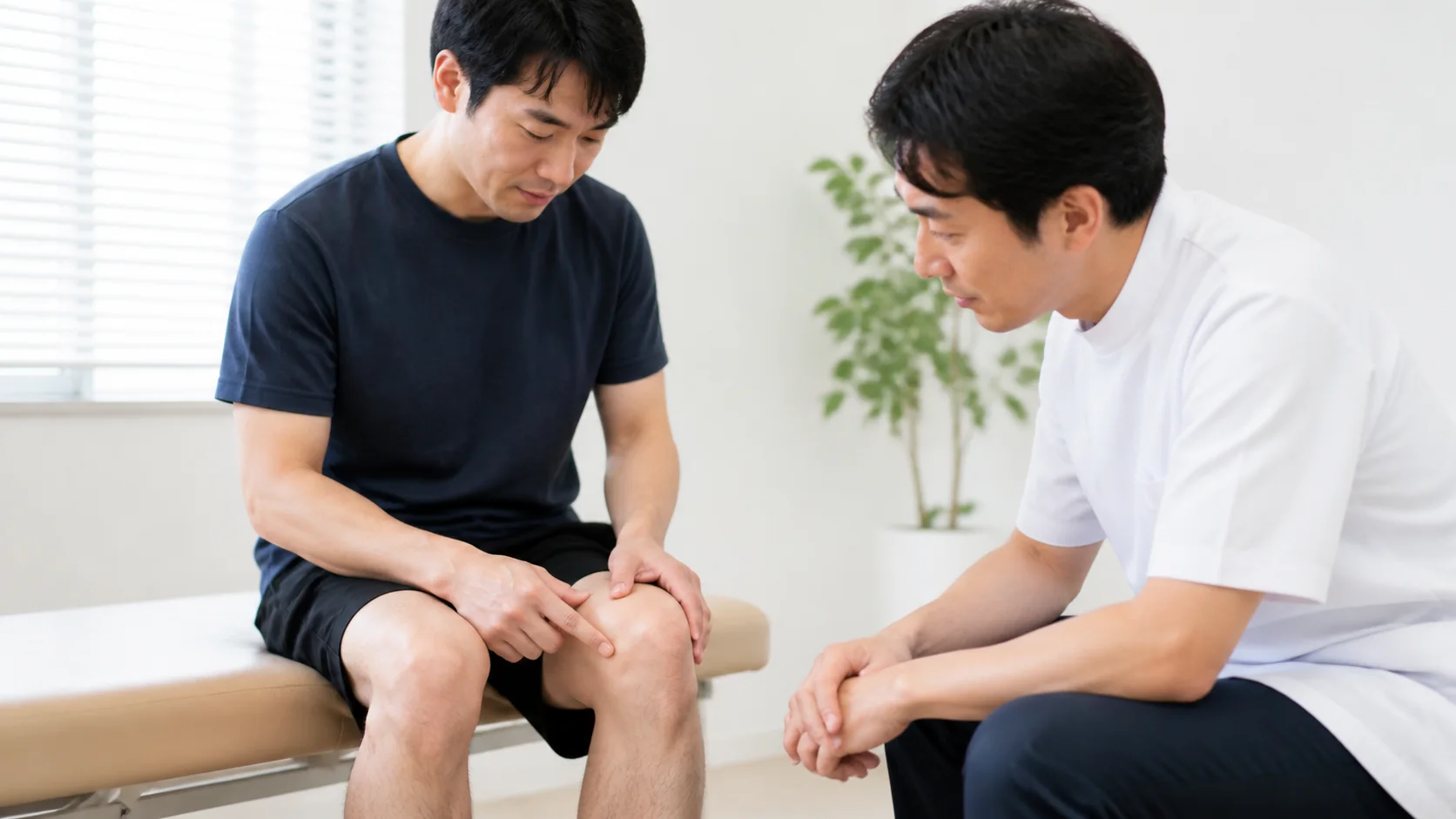 膝のお皿まわりの痛む場所を伝える男性