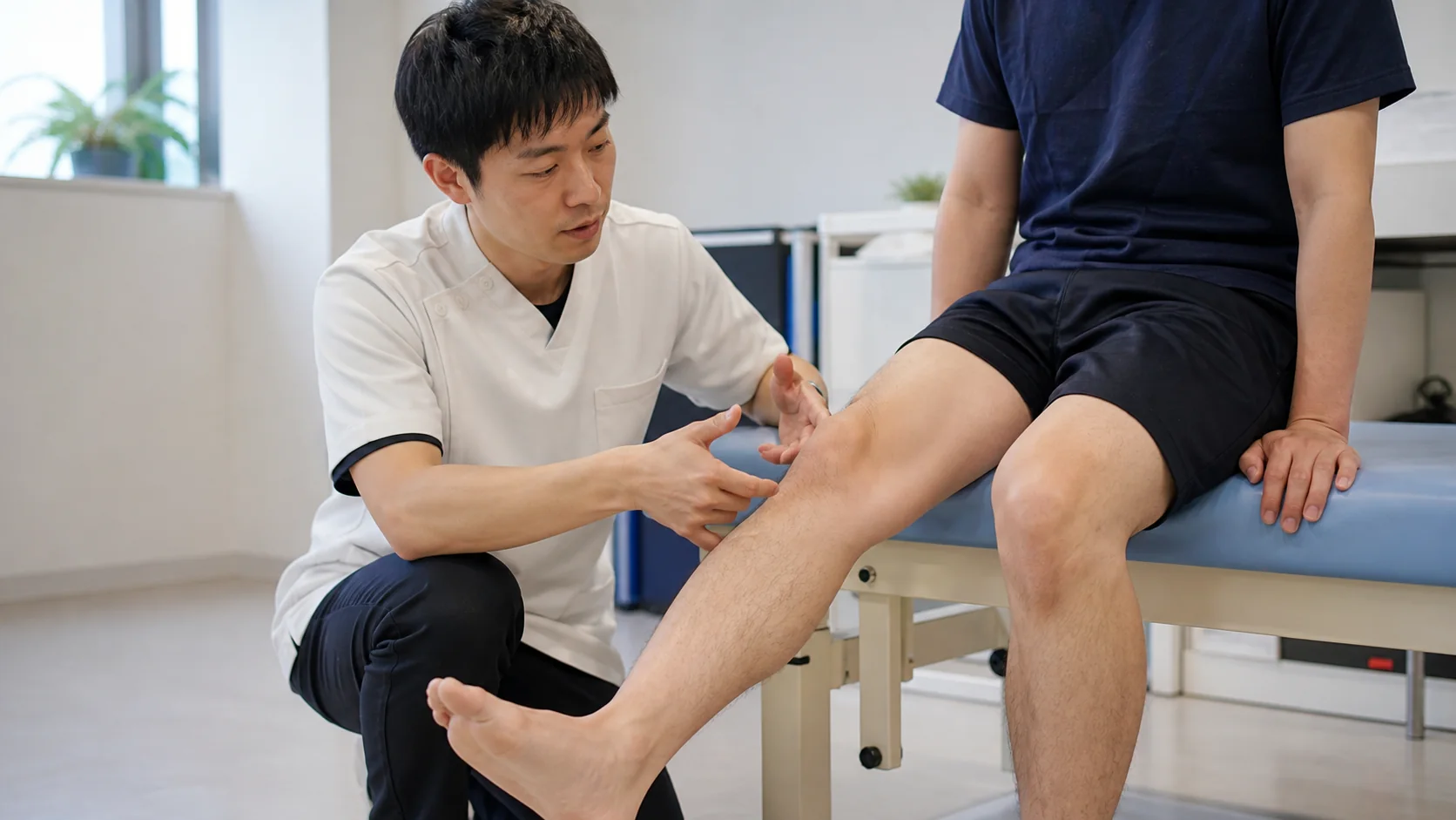 膝のお皿の動きを確認する施術者
