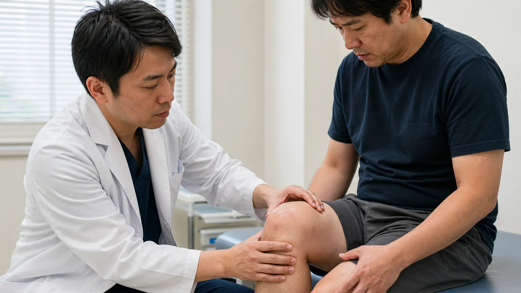 膝のお皿まわりの腫れを医師が確認する様子